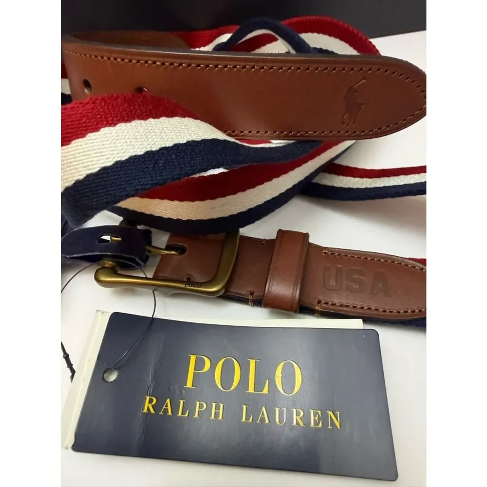 Polo Ralph Lauren Men’s 3X Striped Belt Leather Trim Golf Preppy XXL